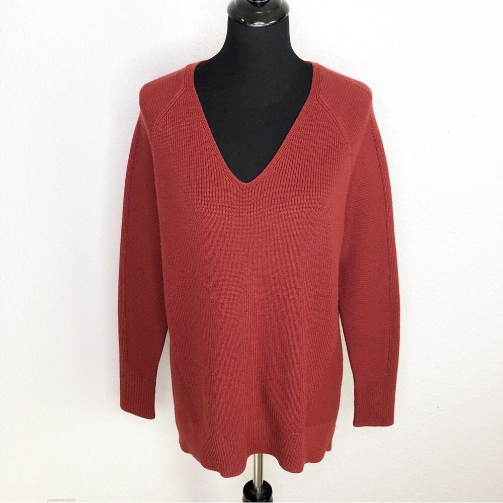 Athleta dark rust red merino wool blend v neck tunic sweater‎ size Small